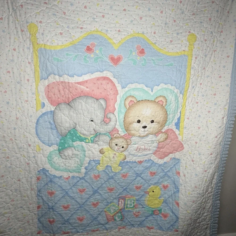 VTG Baby Crib Quilt Blanket Blue Bear Elephant Duck Hearts‎ Boys Nursery Decor